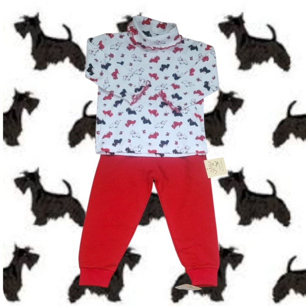 Luigi Kids Girl's Turtleneck With Dog Print Top And Red Pull-on Sweatpants